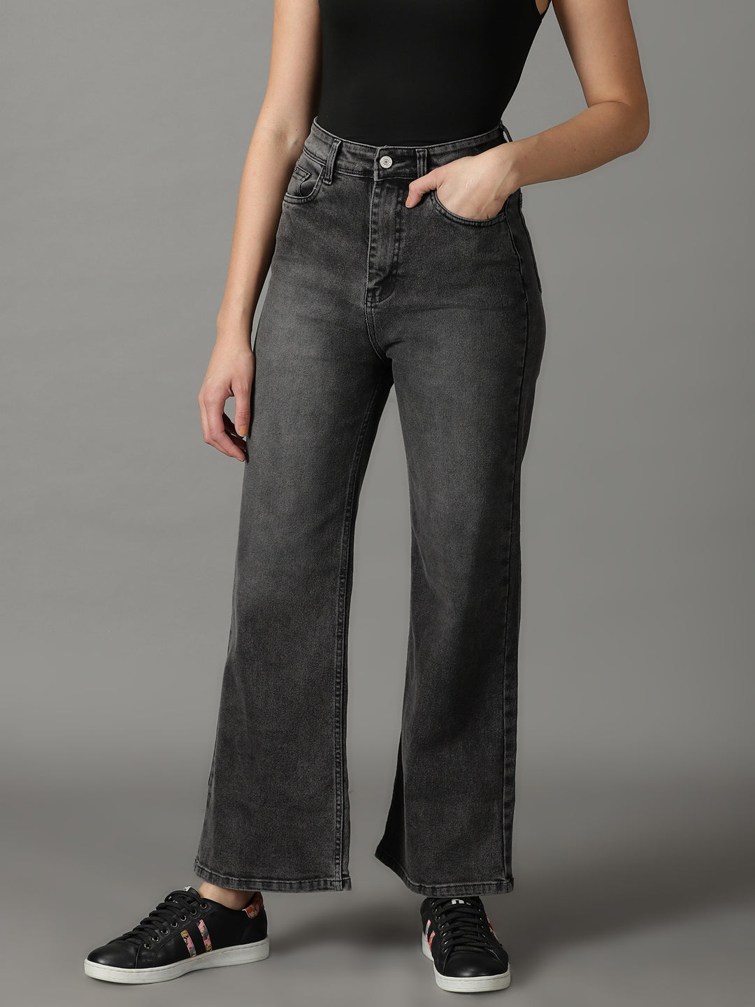 Women's Grey Solid Wide Leg Denim Jeans