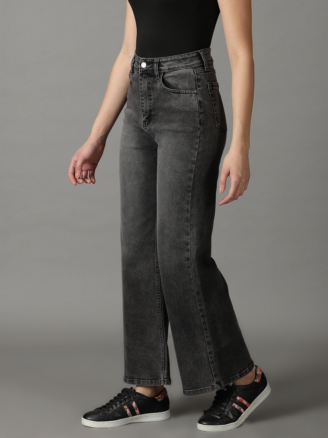 Women's Grey Solid Wide Leg Denim Jeans