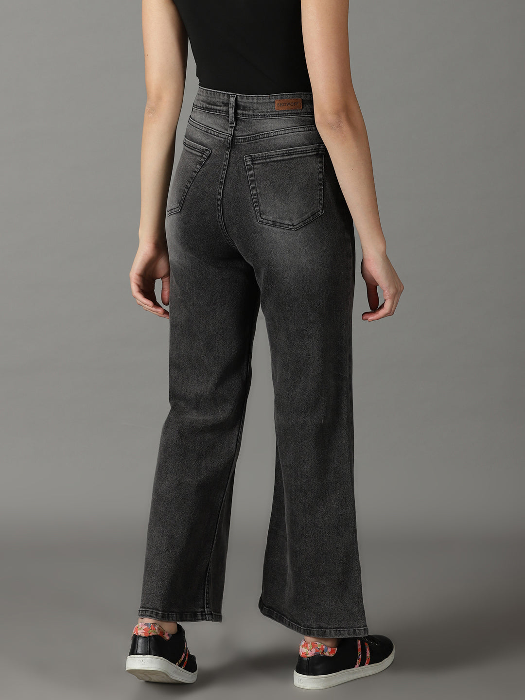 Women's Grey Solid Wide Leg Denim Jeans