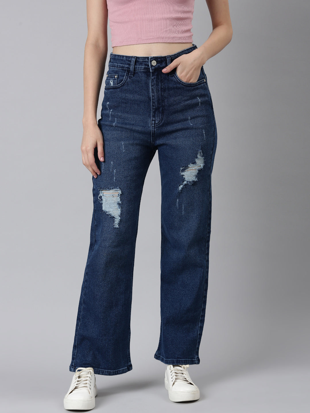 Women Blue Solid Straight Fit Denim Jeans