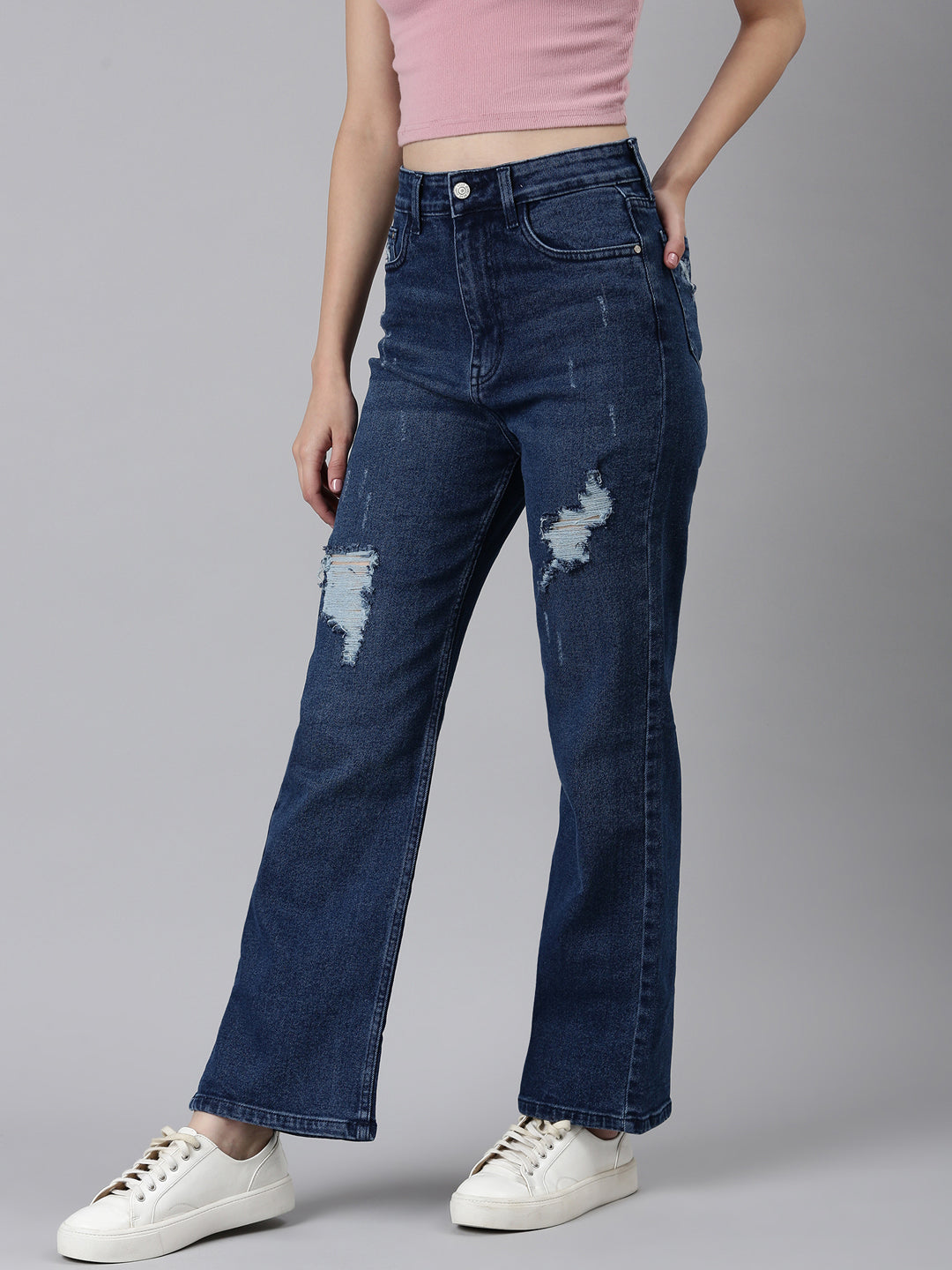 Women Blue Solid Straight Fit Denim Jeans