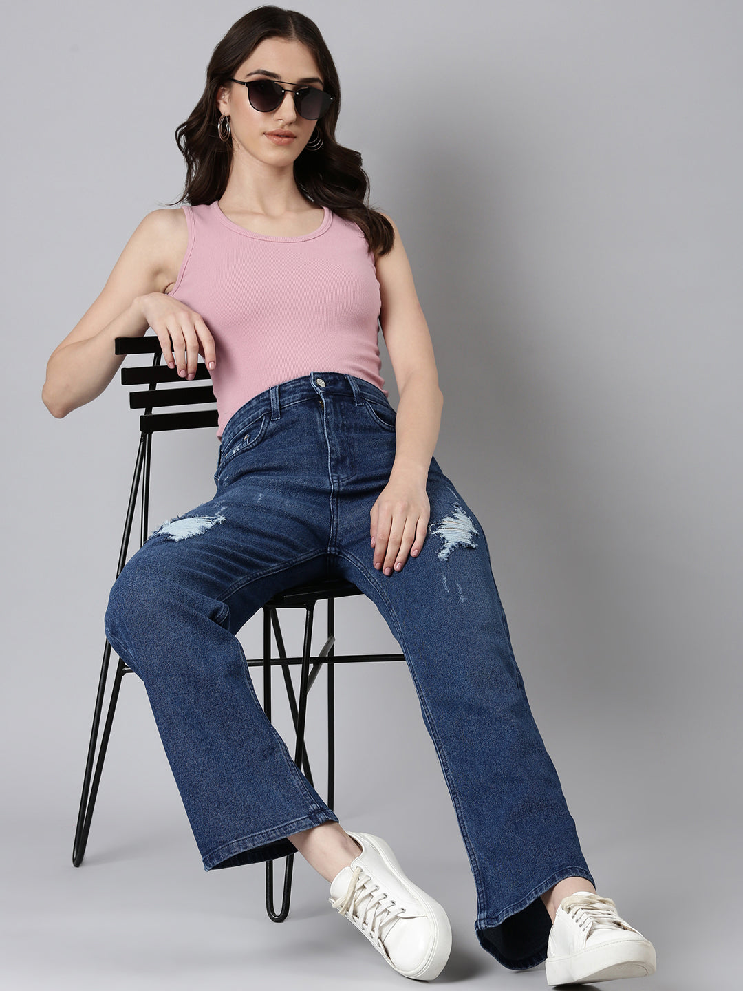 Women Blue Solid Straight Fit Denim Jeans