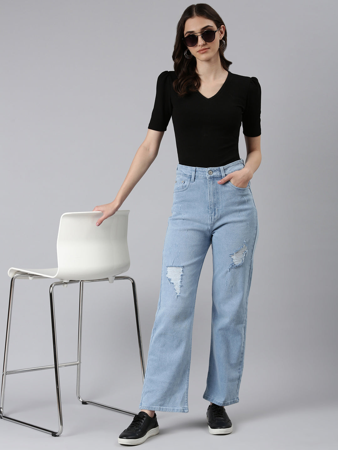 Women Blue Solid Regular Fit Denim Jeans