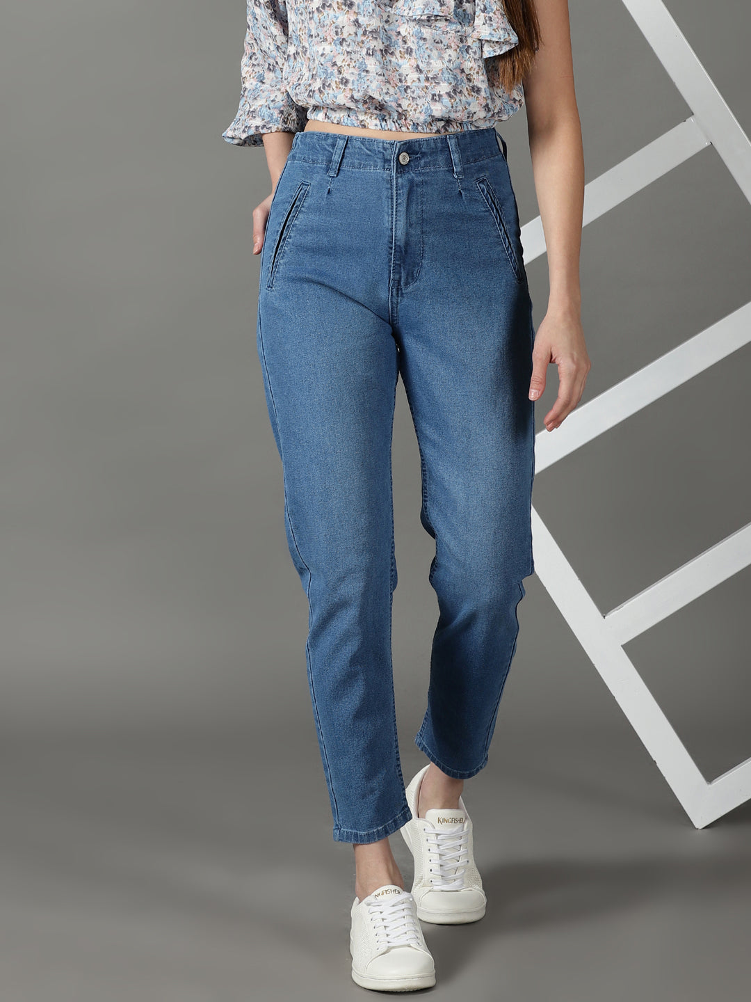 Women's Blue Solid Mom Fit Denim Jeans