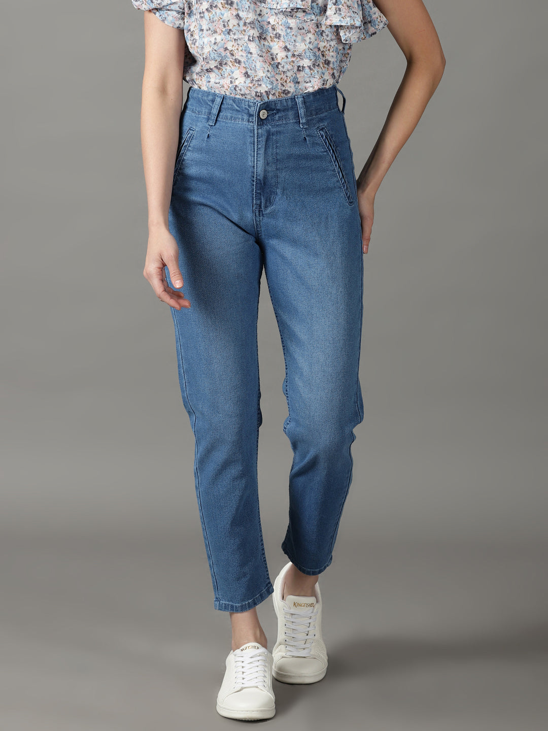 Women's Blue Solid Mom Fit Denim Jeans