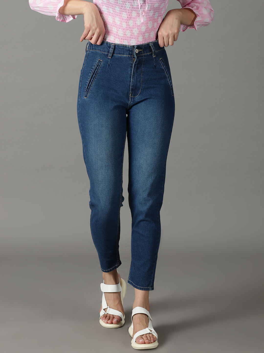 Women's Navy Blue Solid Mom Fit Denim Jeans