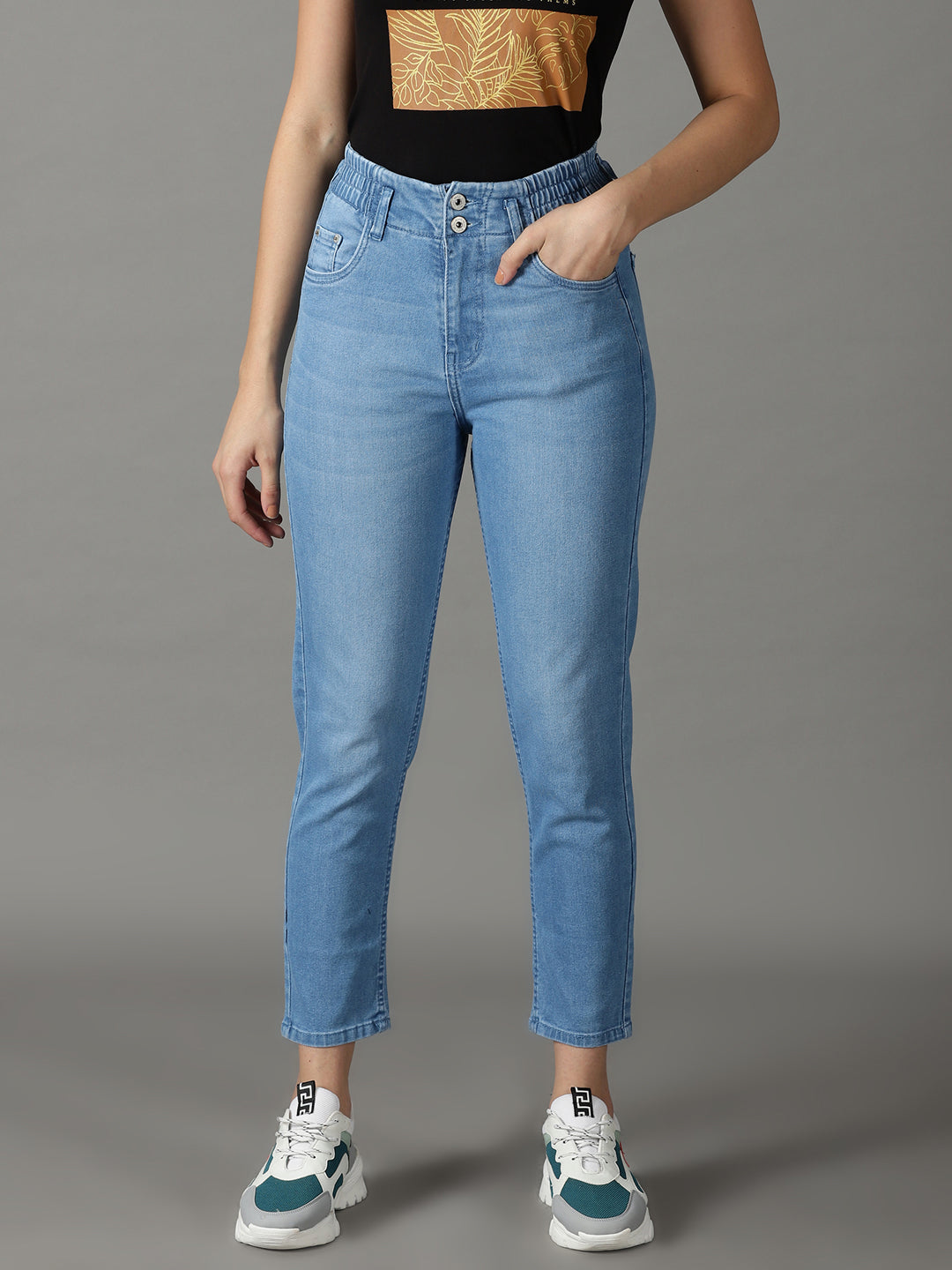 Women's Blue Solid Boyfriend Fit Denim Jeans