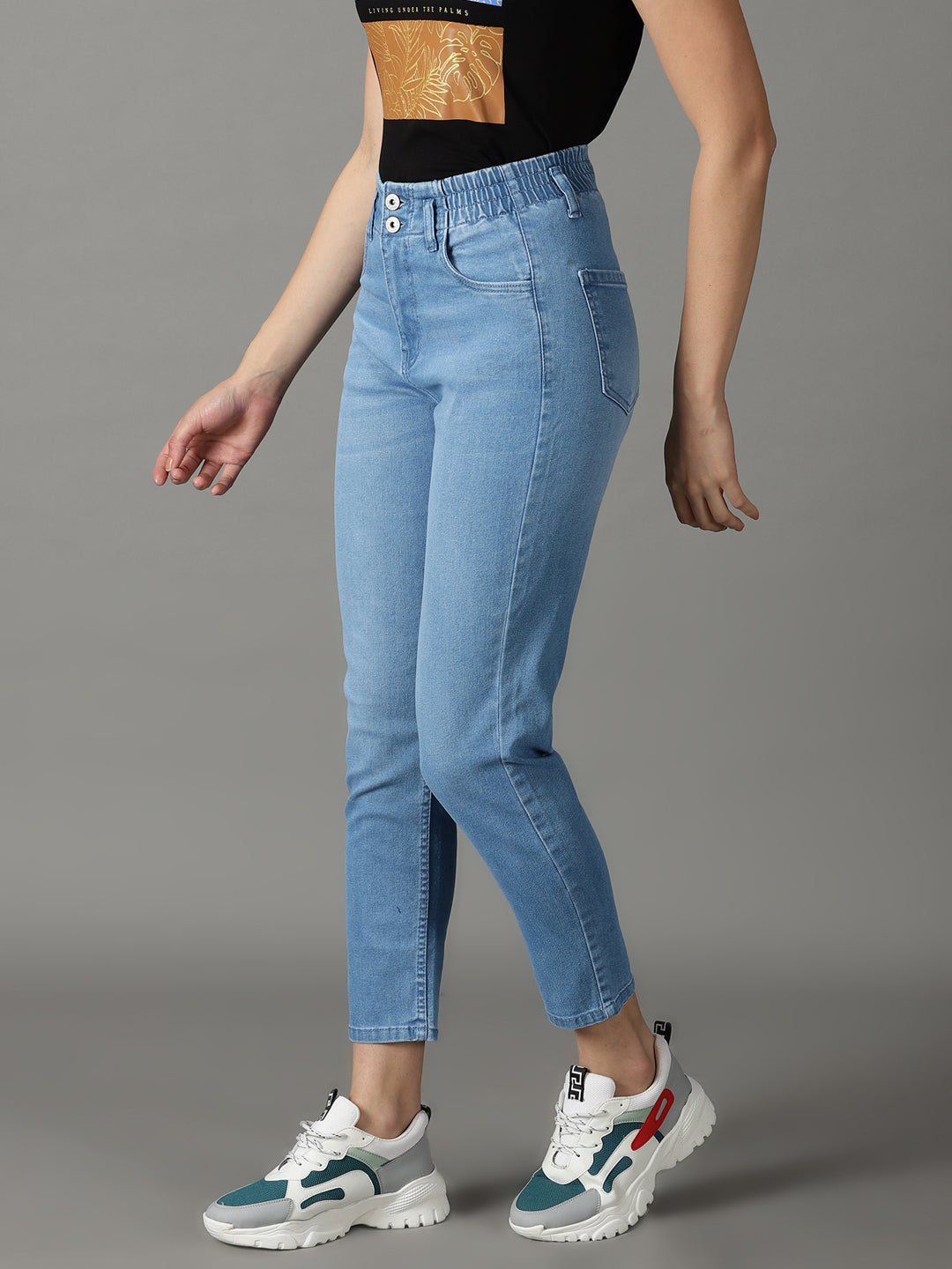 Women's Blue Solid Boyfriend Fit Denim Jeans