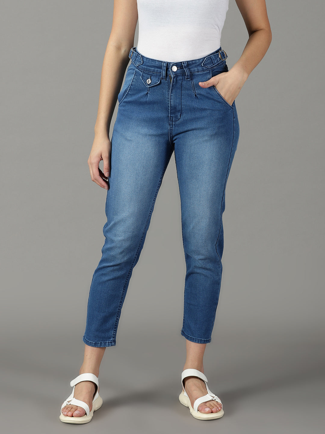 Women's Blue Solid Fit Denim Jeans