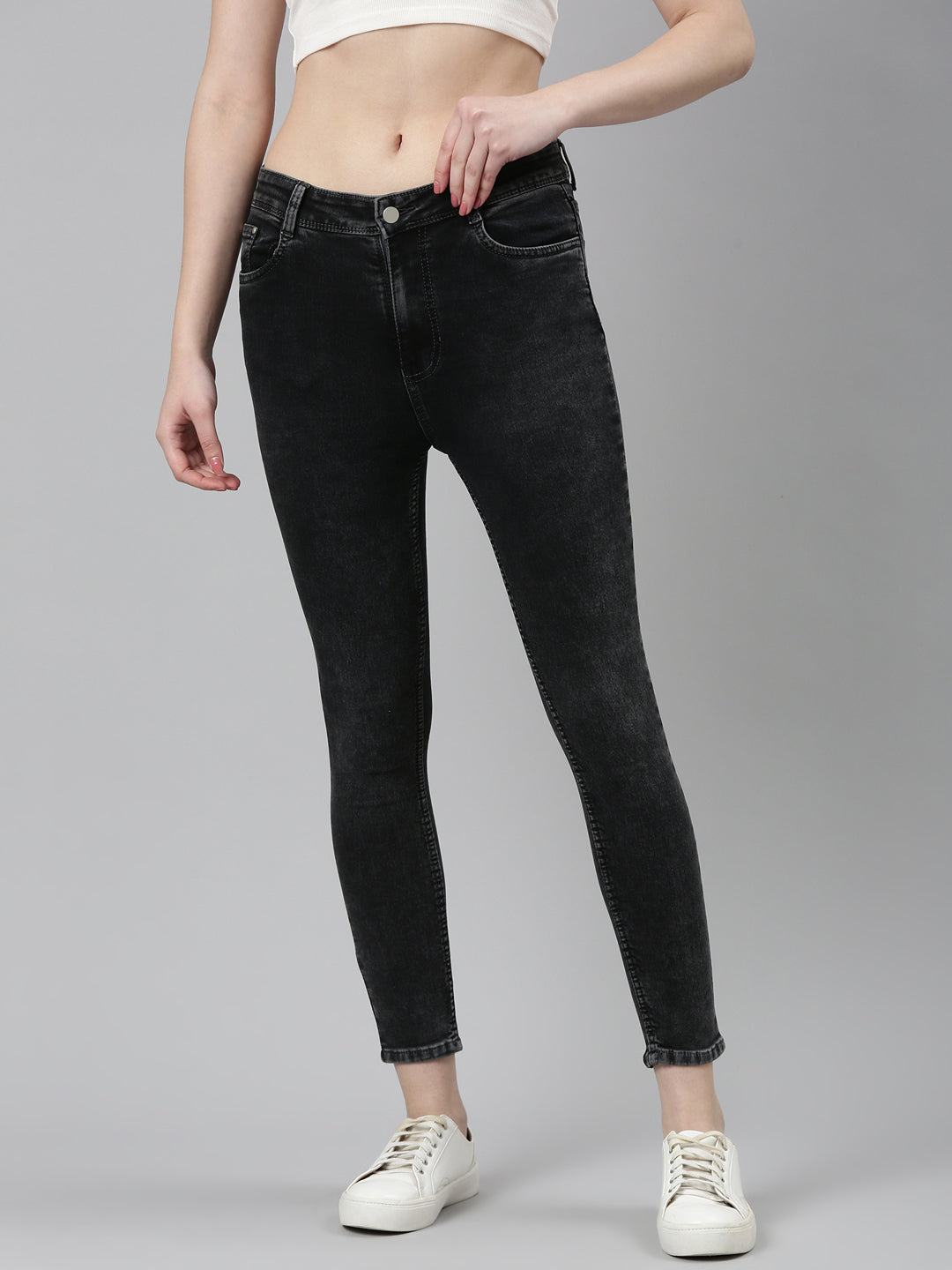 Women Grey Solid Skinny Fit Denim Jeans