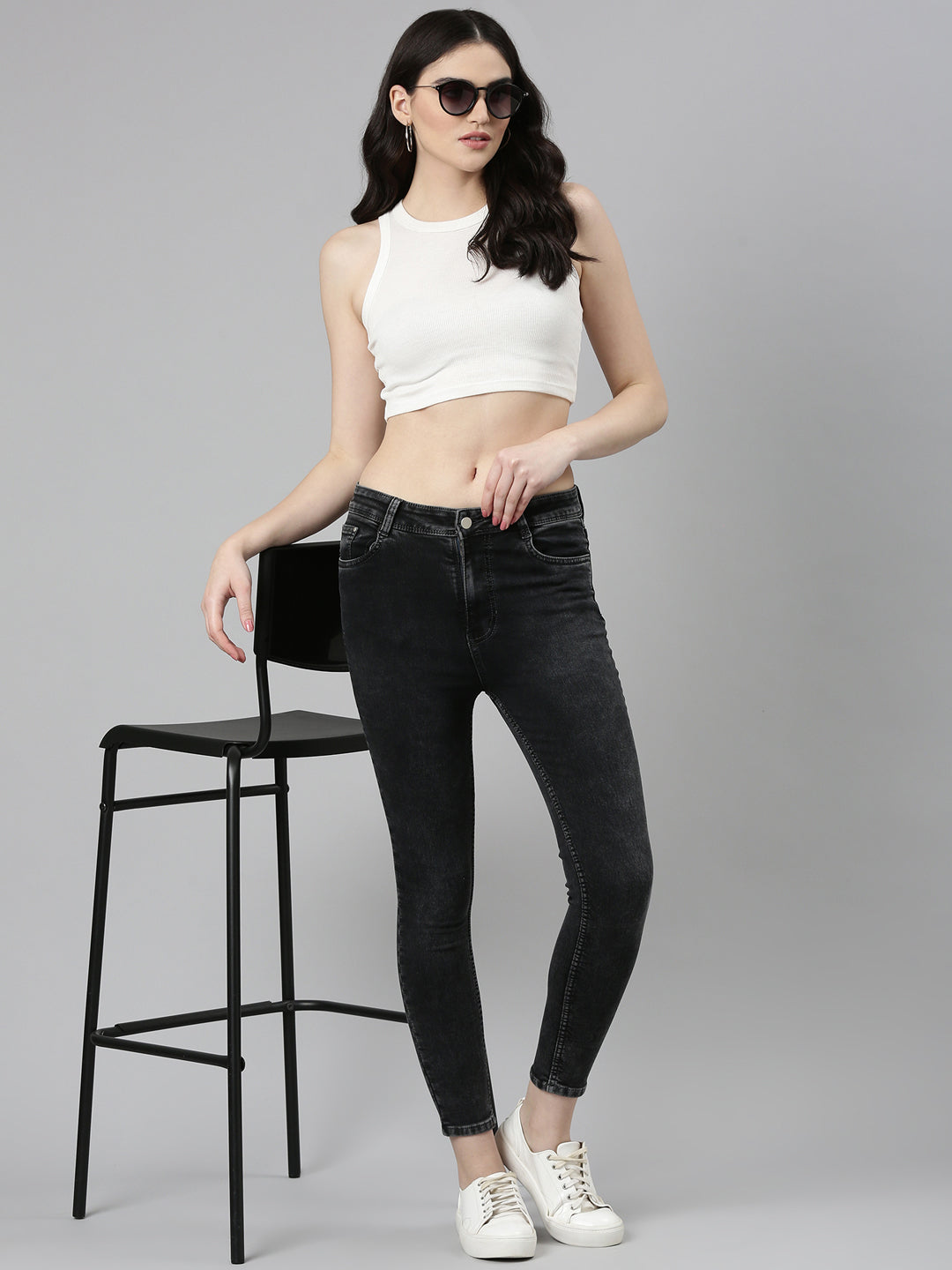 Women Grey Solid Skinny Fit Denim Jeans