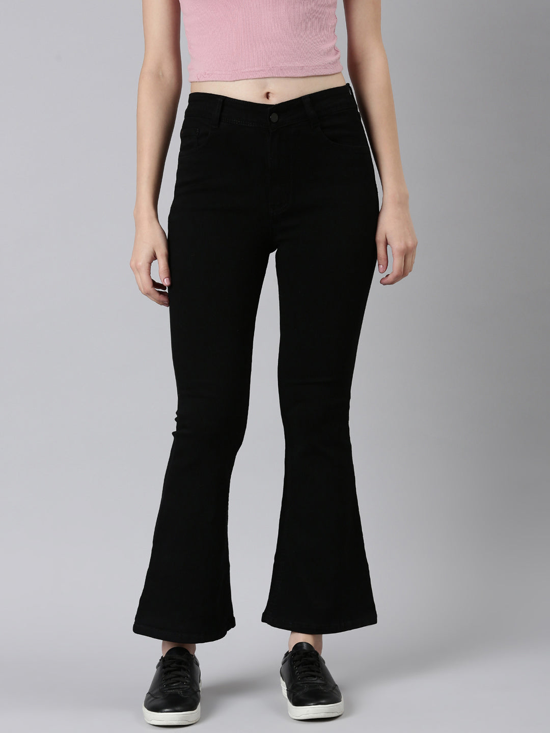 Women Black Solid Flared Denim Jeans