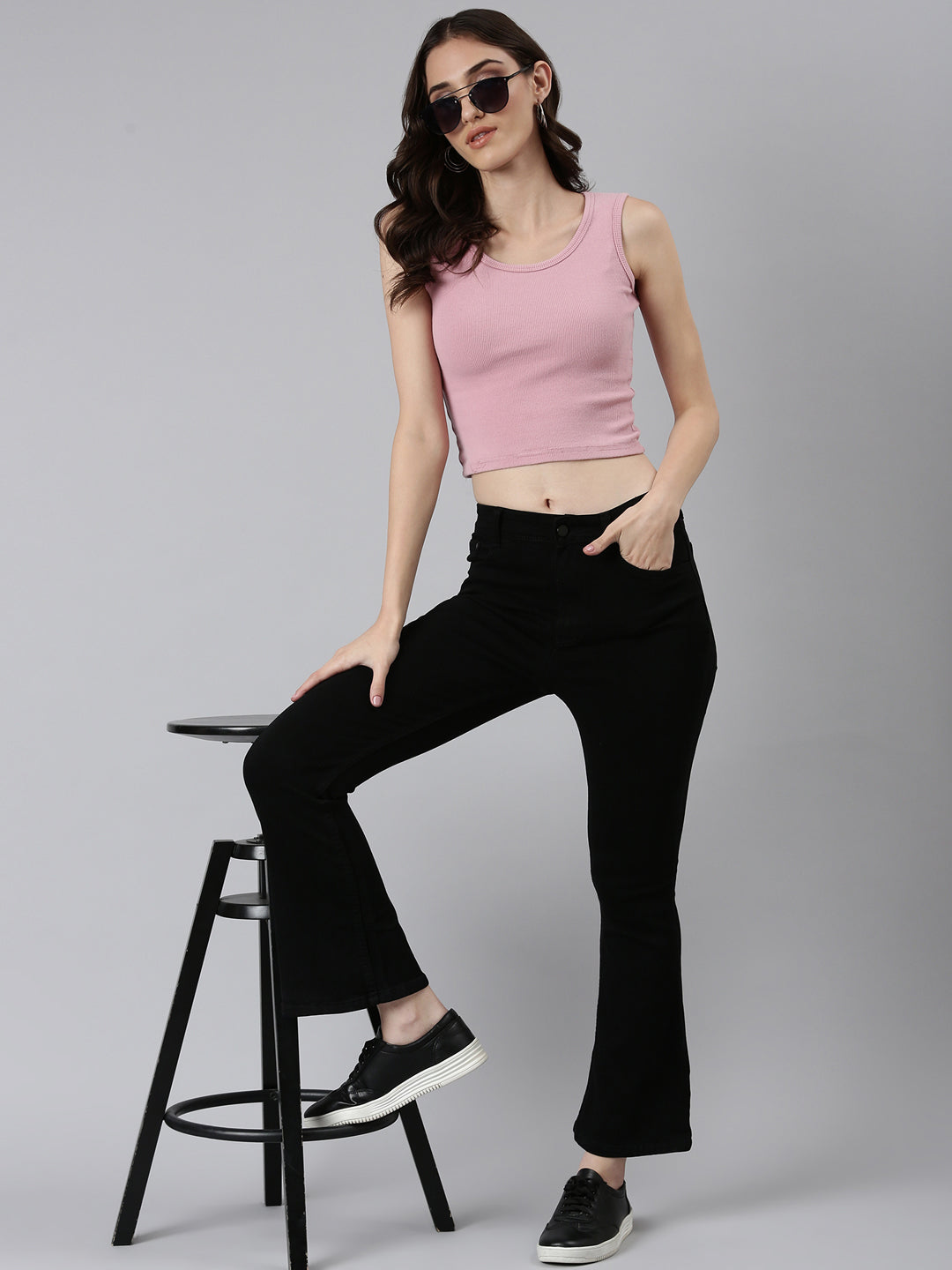 Women Black Solid Flared Denim Jeans