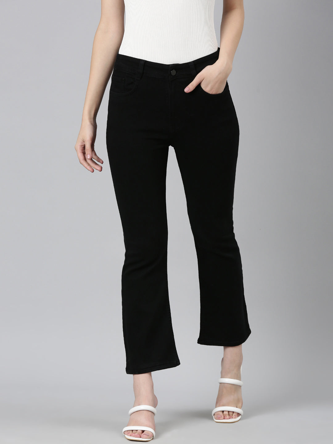 Women Black Solid Wide Leg Denim Jeans