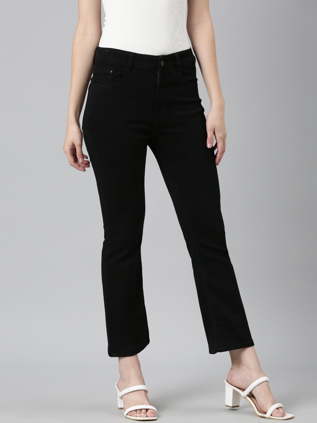 Women Black Solid Wide Leg Denim Jeans