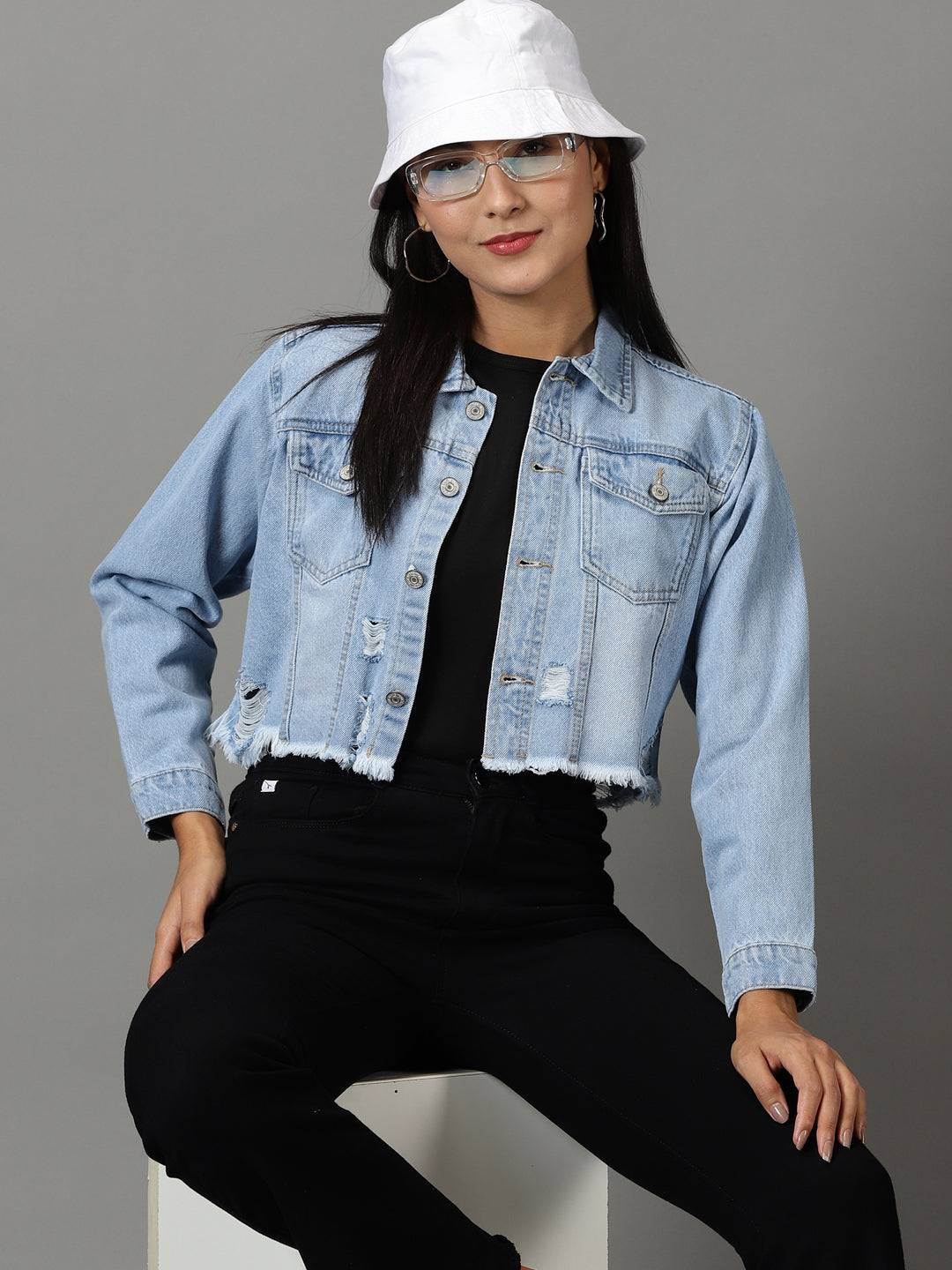 Women's Blue Solid Denim Jacket