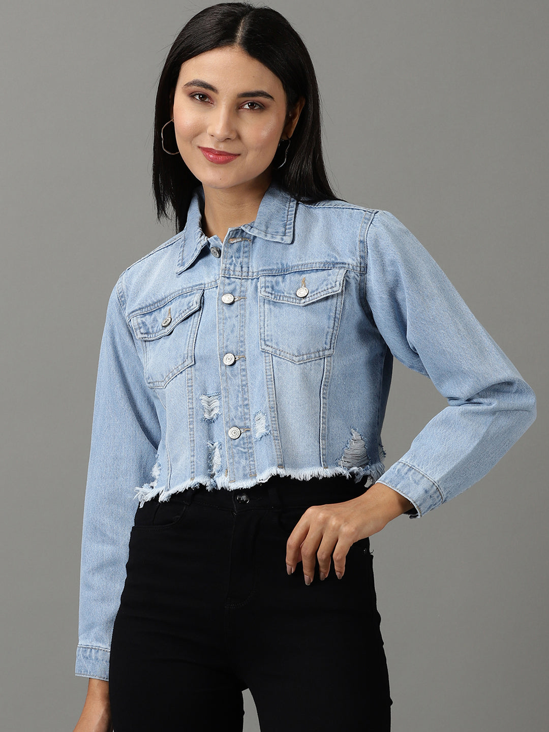 Women's Blue Solid Denim Jacket