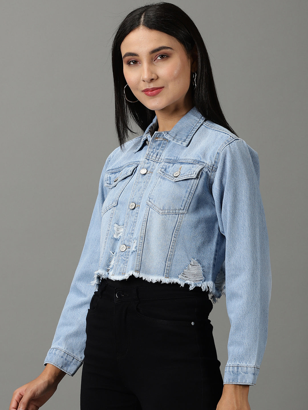 Women's Blue Solid Denim Jacket