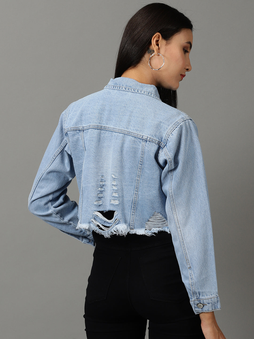 Women's Blue Solid Denim Jacket