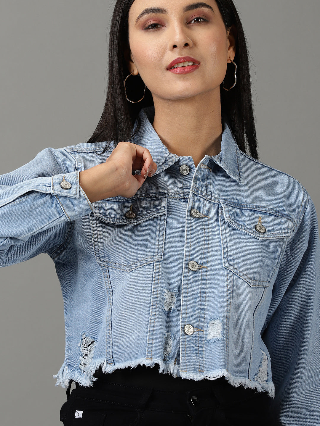 Women's Blue Solid Denim Jacket