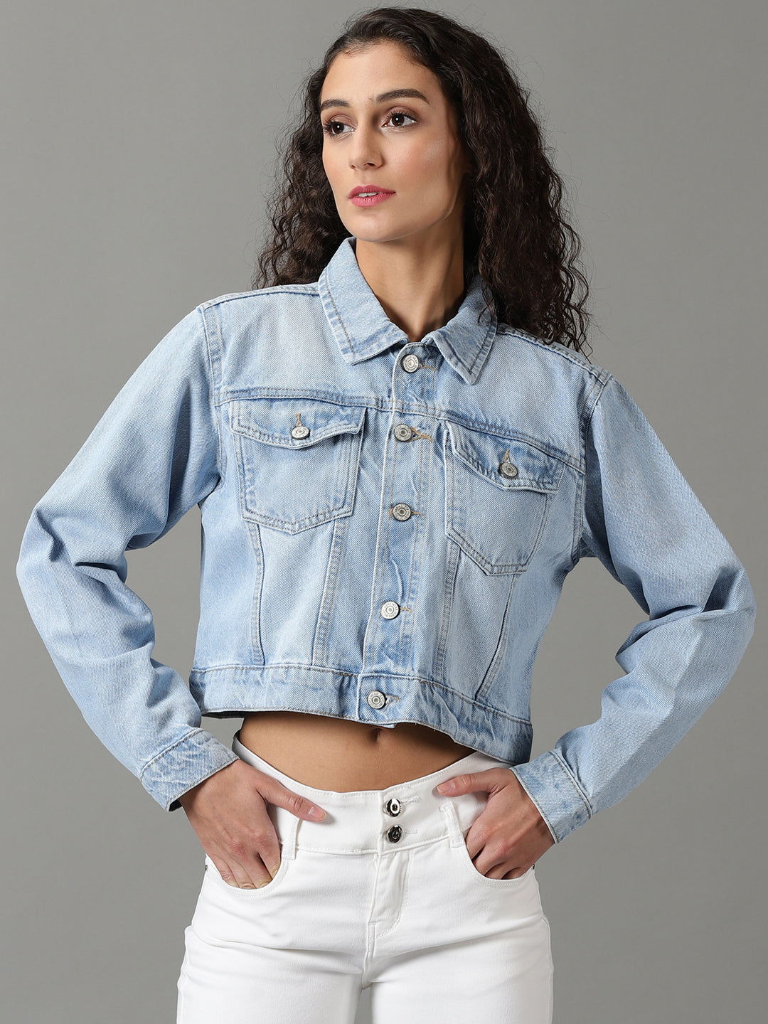 Women's Blue Solid Denim Jacket