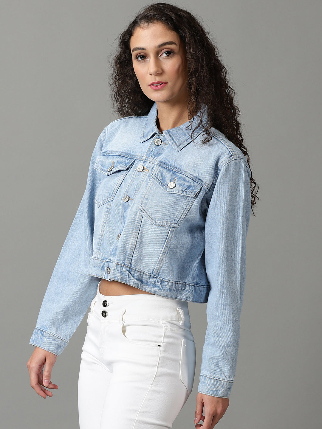 Women's Blue Solid Denim Jacket