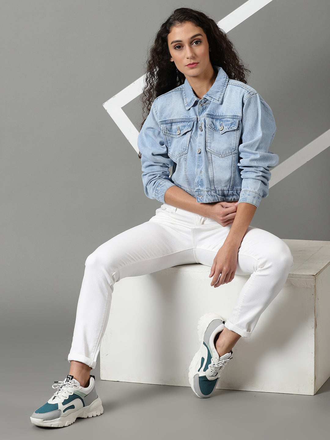 Women's Blue Solid Denim Jacket