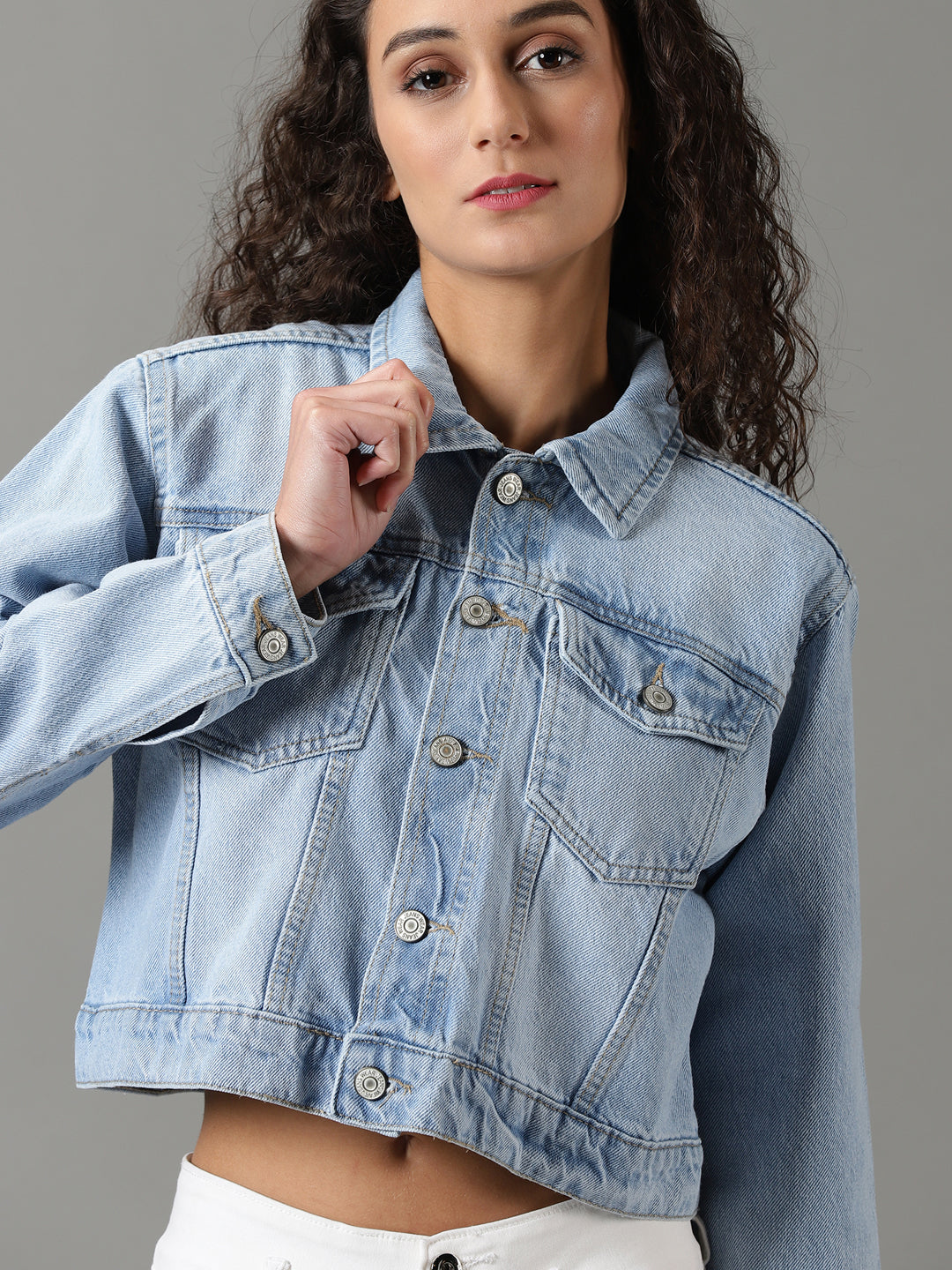 Women's Blue Solid Denim Jacket