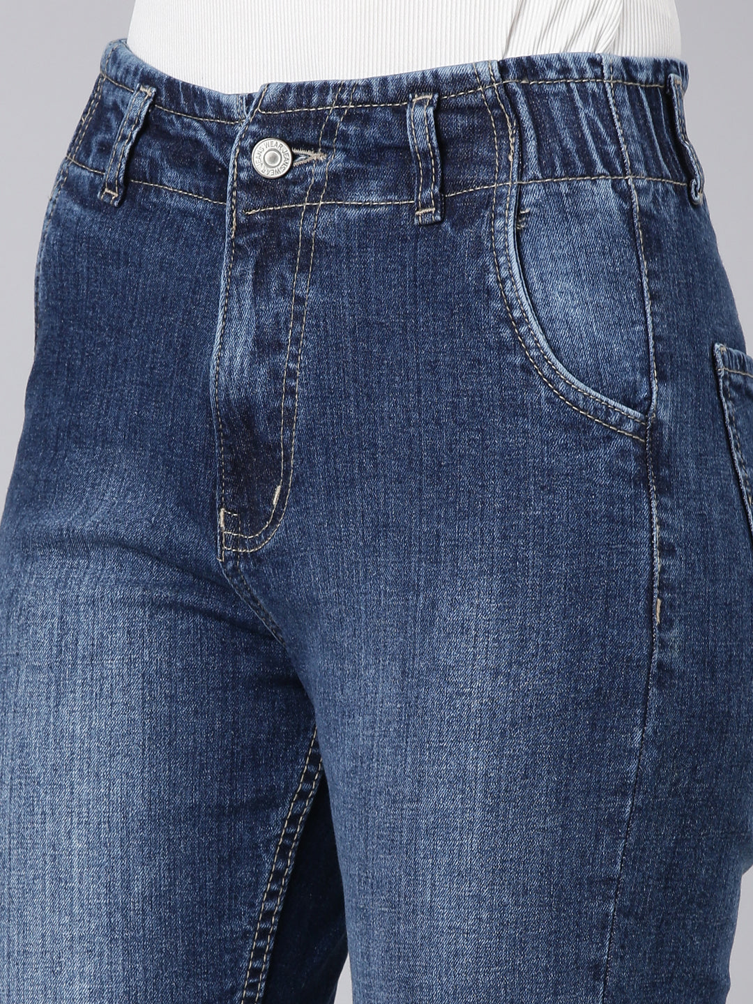 Women Navy Blue Solid Mom Fit Denim Jeans