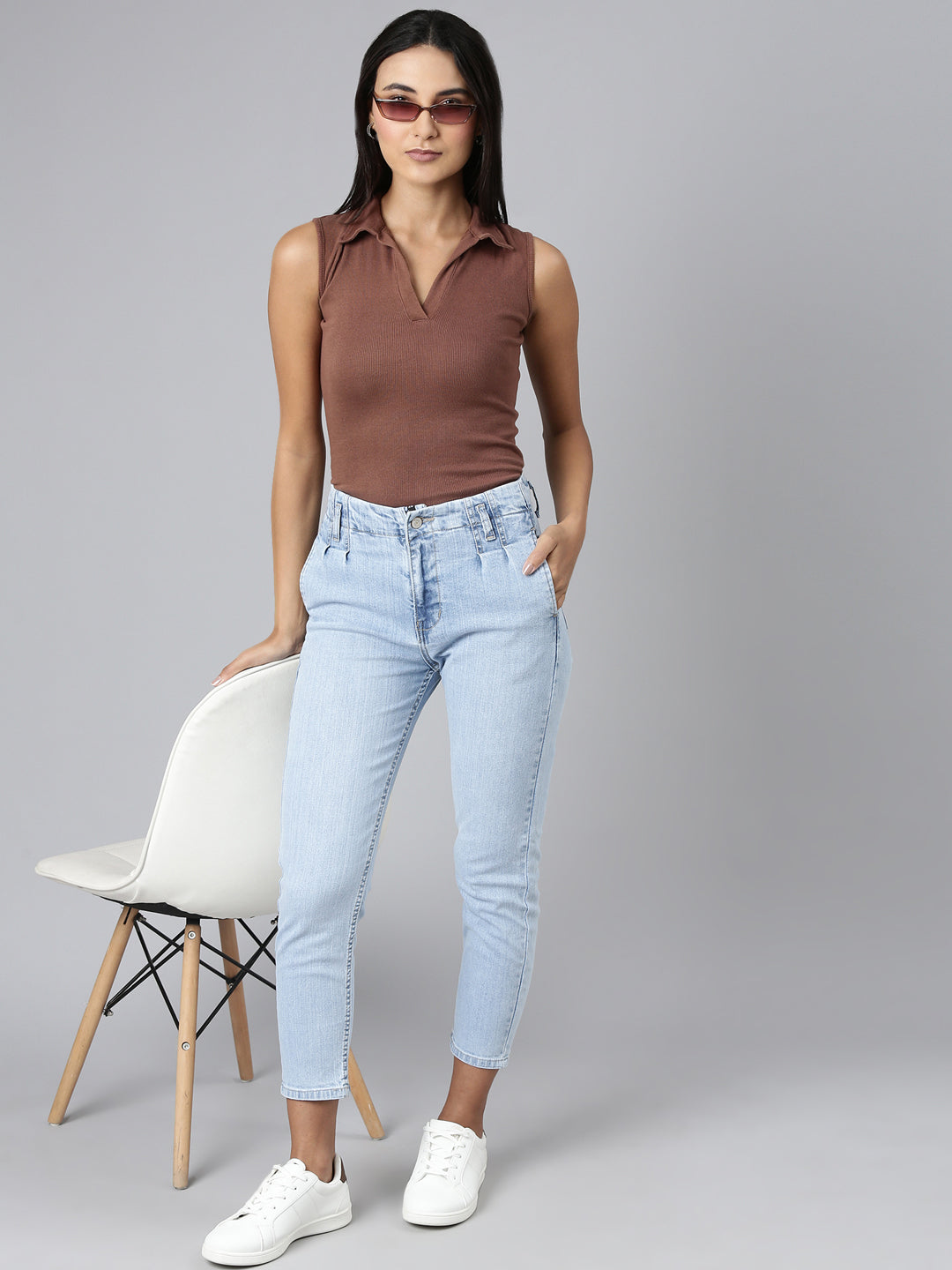 Women's Blue Mom Fit Clean Look Acid Wash Cropped Denim Jeans