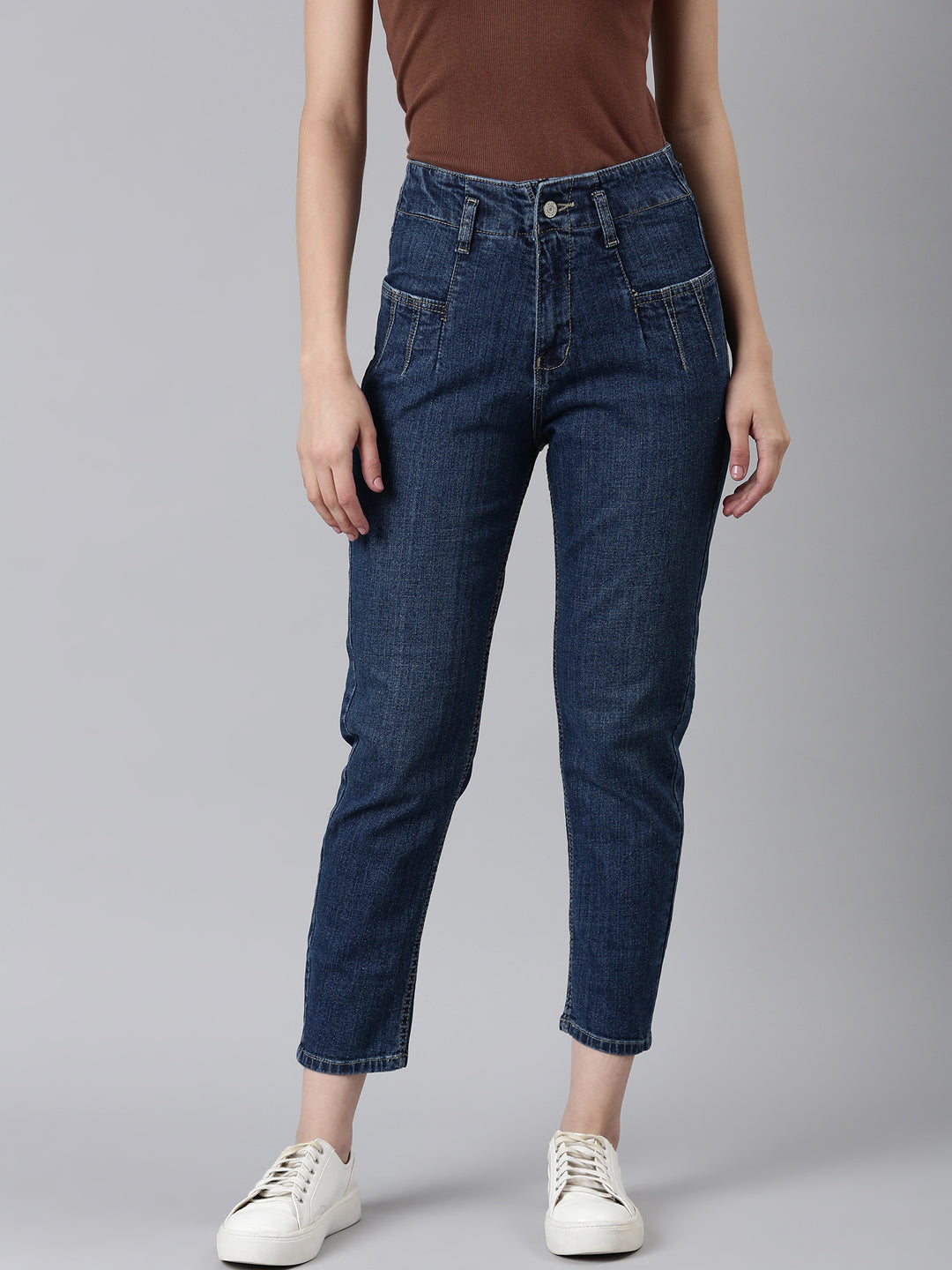 Women Blue Solid Mom Fit Denim Jeans