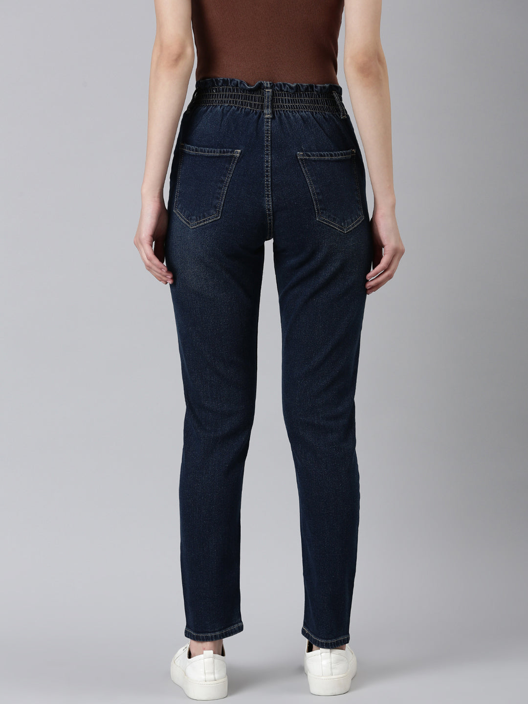 Women Blue Solid Mom Fit Denim Jeans