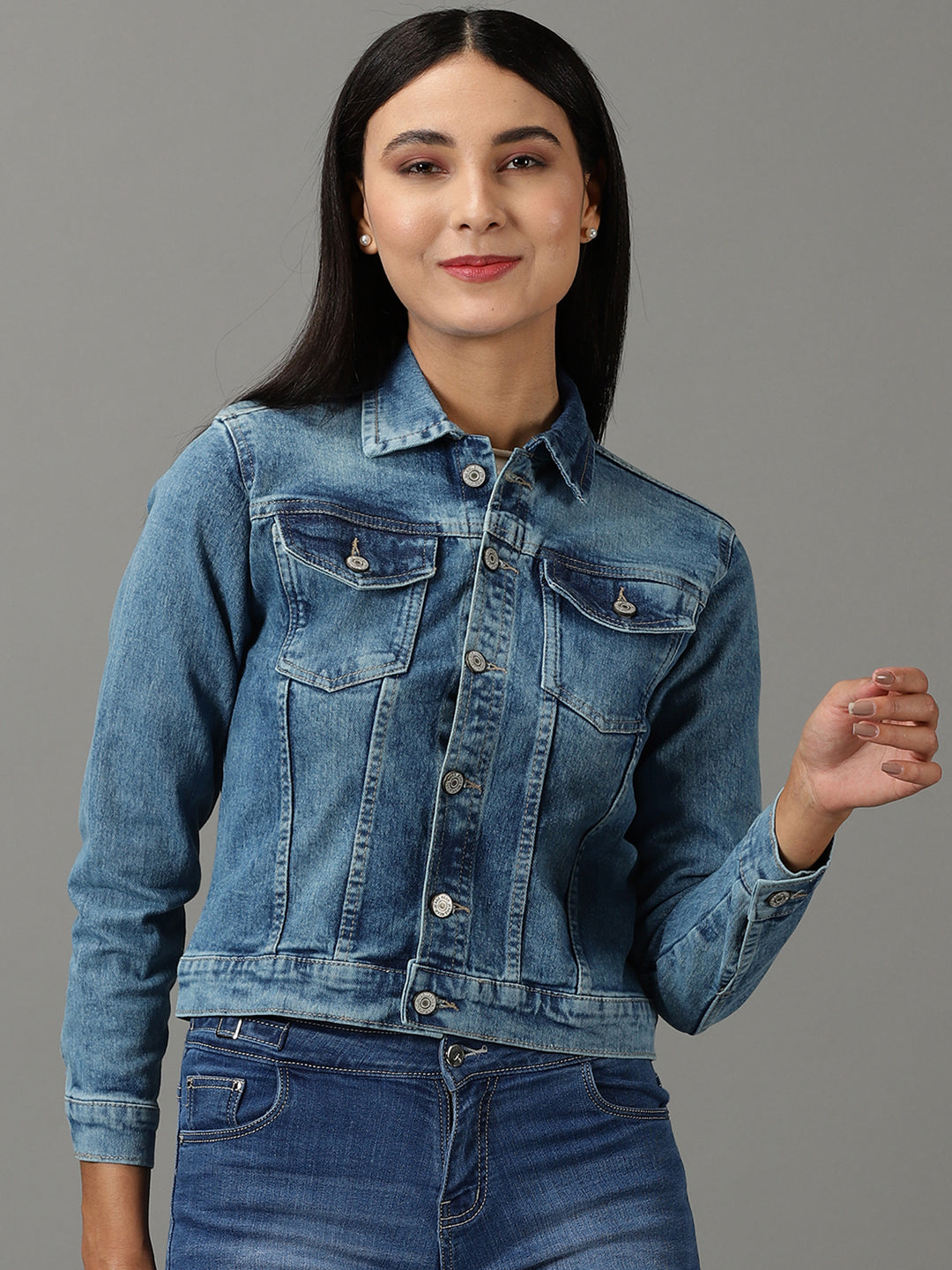 Women's Blue Solid Denim Jacket