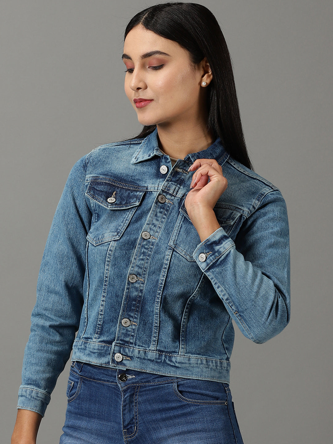 Women's Blue Solid Denim Jacket