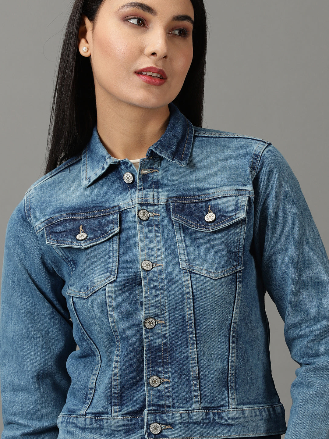 Women's Blue Solid Denim Jacket