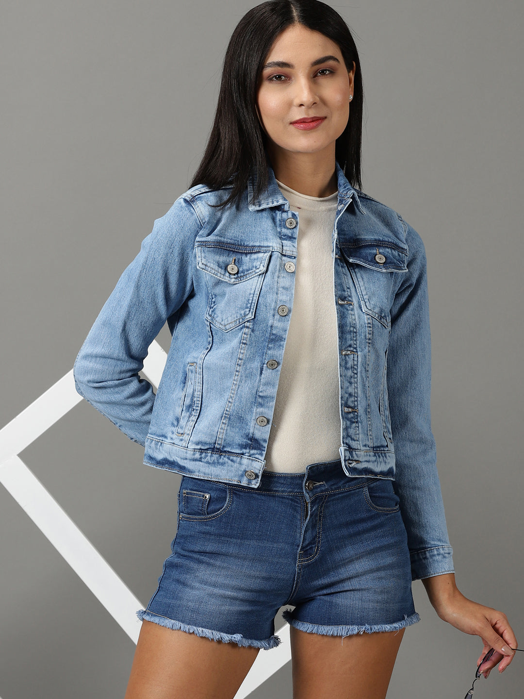 Women's Blue Solid Denim Jacket