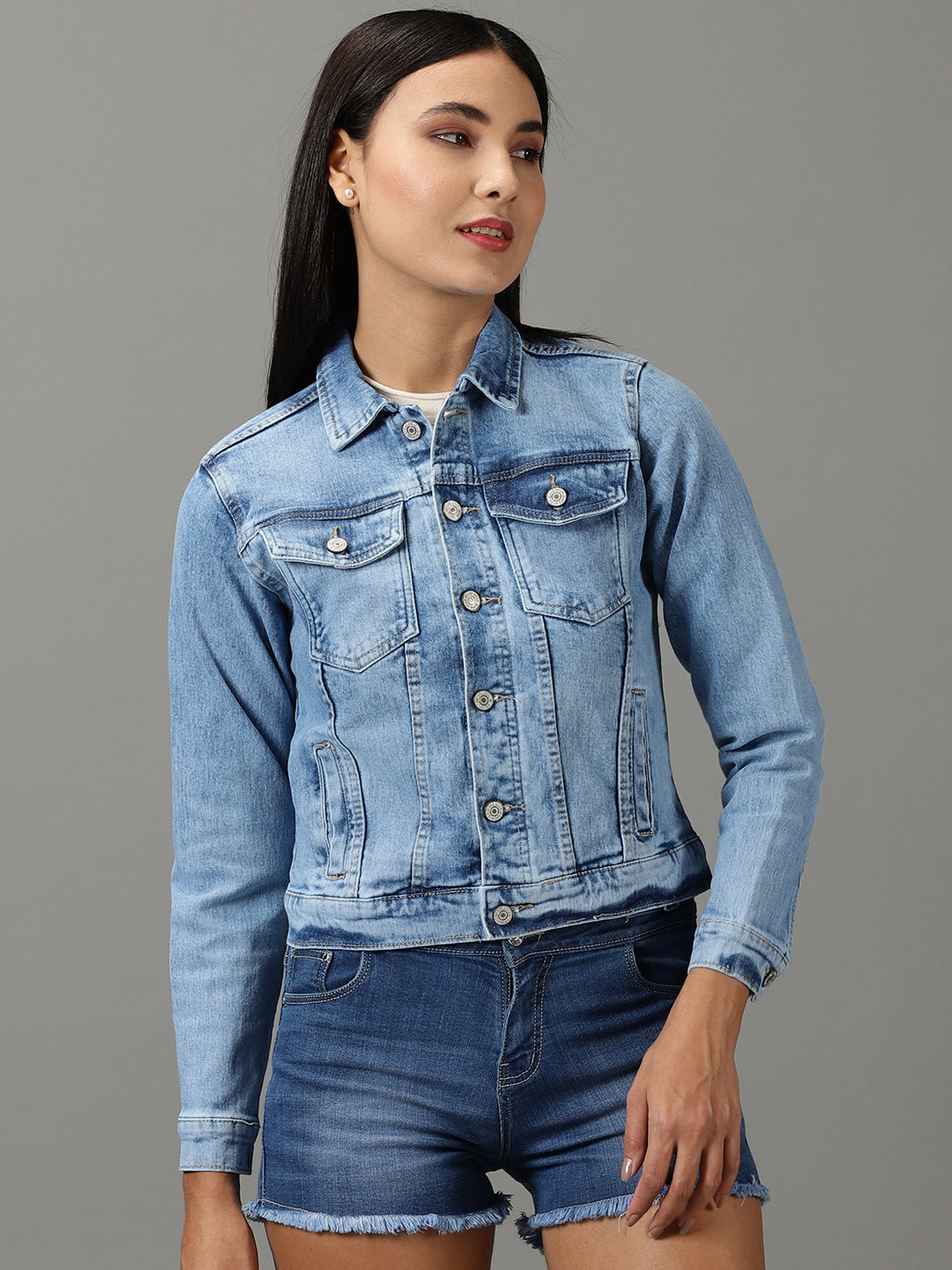 Women's Blue Solid Denim Jacket