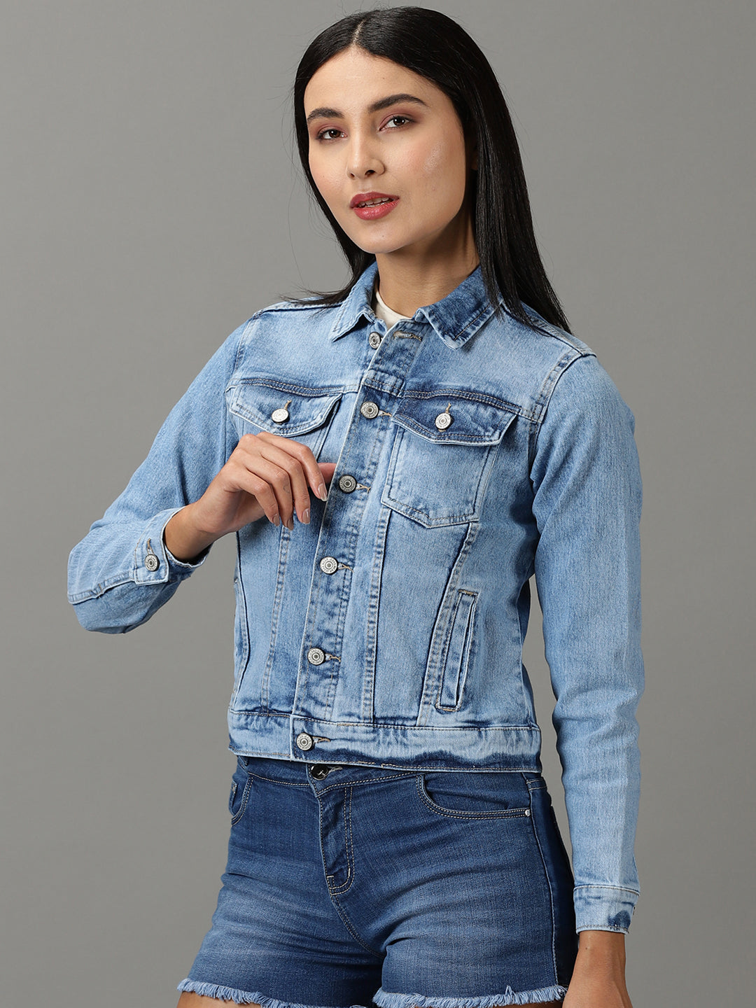 Women's Blue Solid Denim Jacket