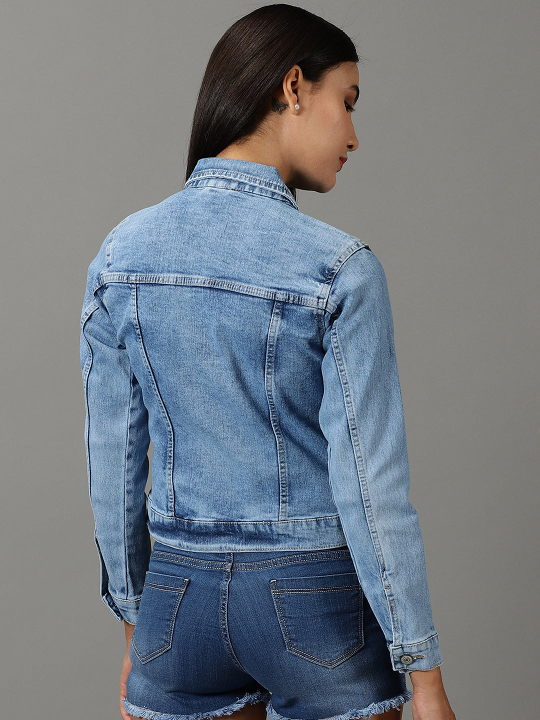 Women's Blue Solid Denim Jacket