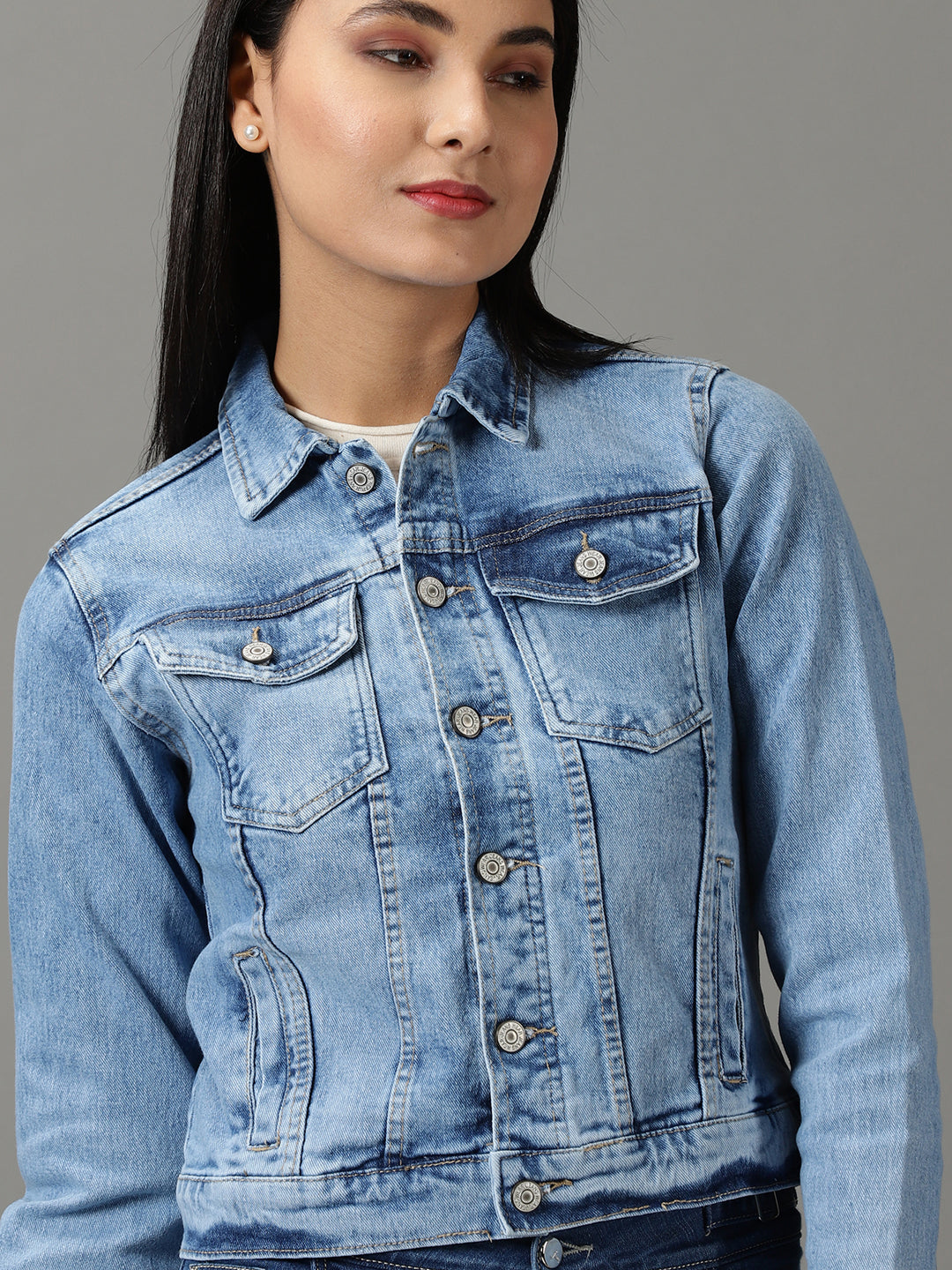 Women's Blue Solid Denim Jacket