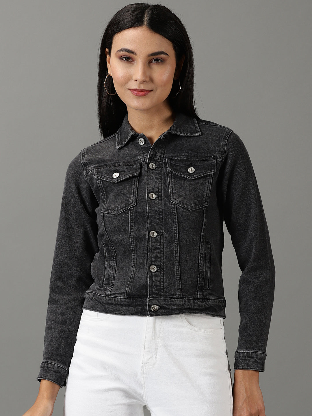 Women's Grey Solid Denim Jacket