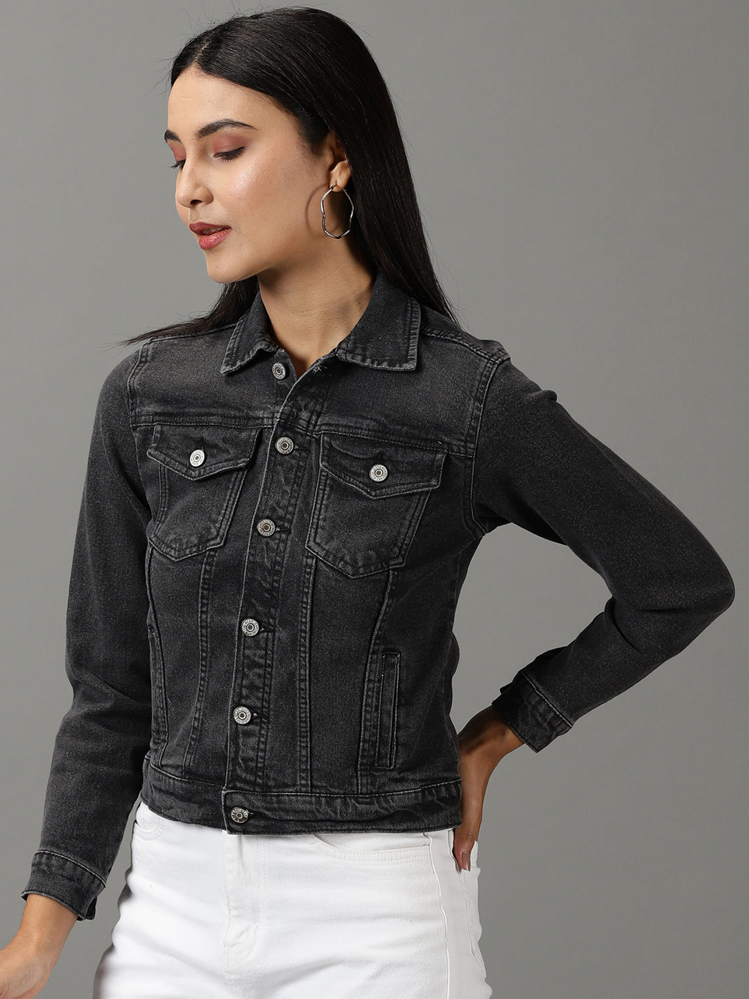 Women's Grey Solid Denim Jacket