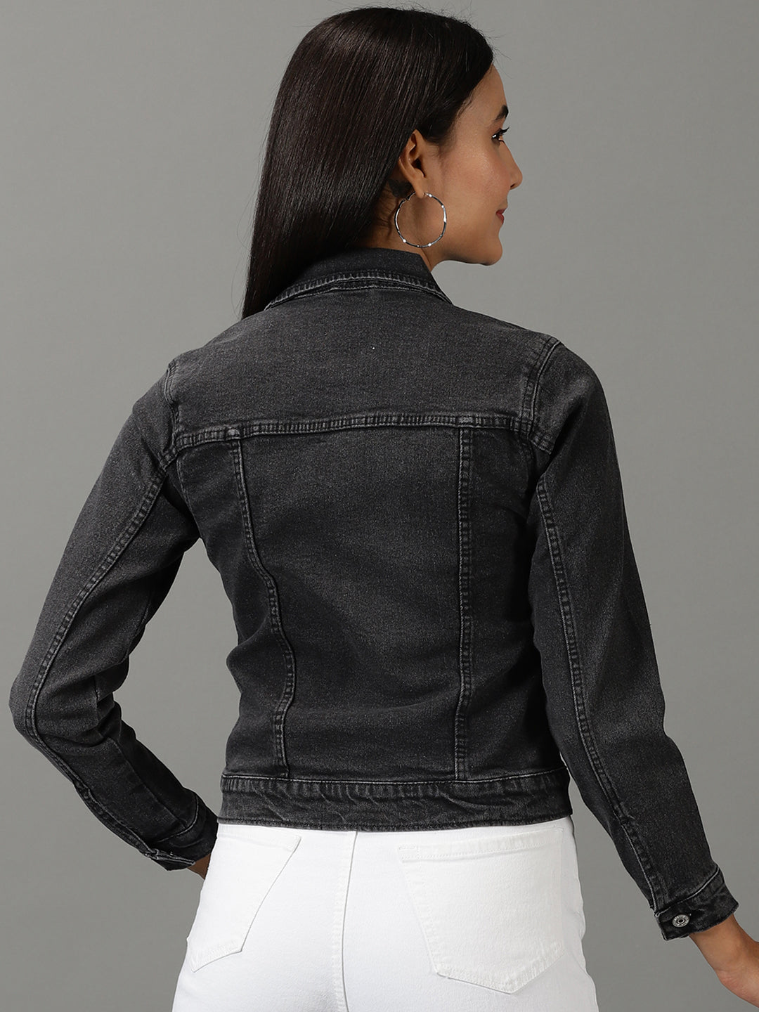 Women's Grey Solid Denim Jacket