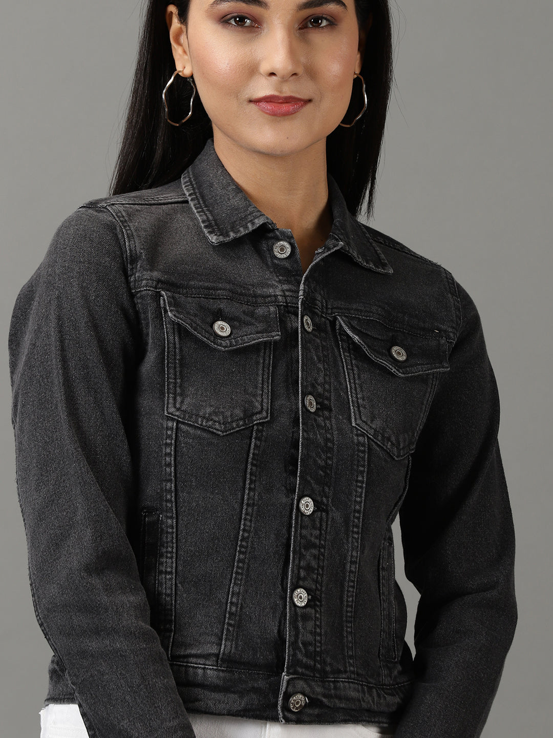 Women's Grey Solid Denim Jacket