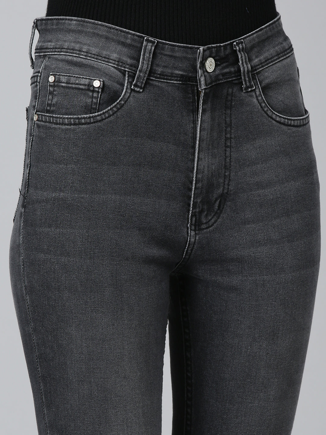 Women Grey Solid Straight Fit Denim Jeans