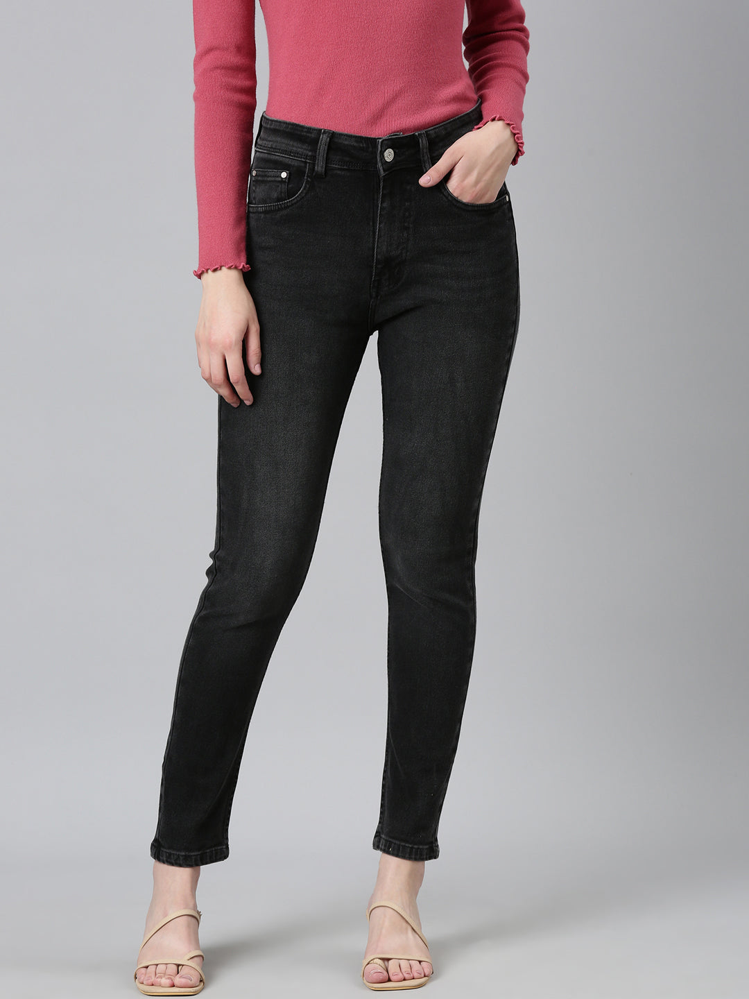 Women Black Solid Regular Fit Denim Jeans