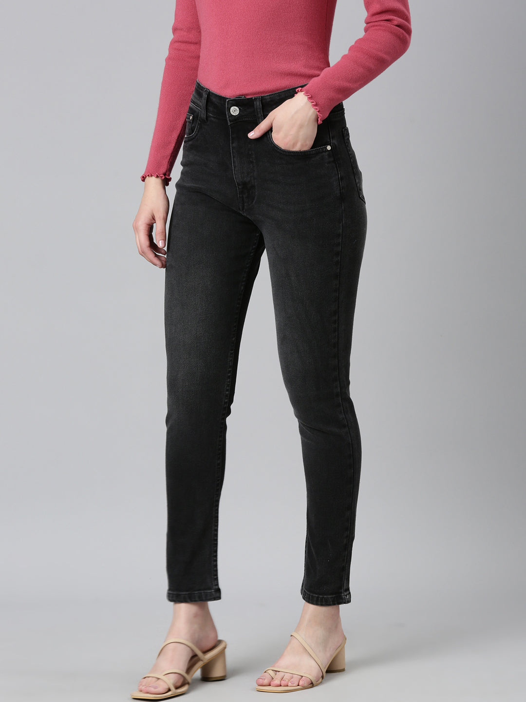 Women Black Solid Regular Fit Denim Jeans