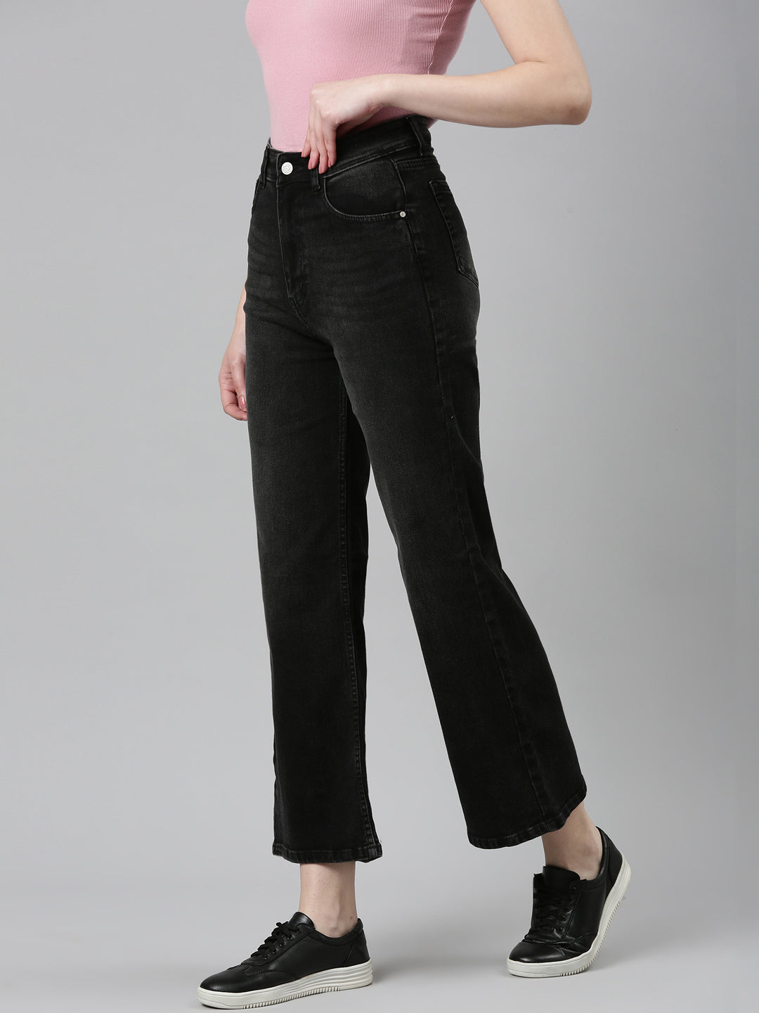 Women Charcoal Solid Wide Leg Denim Jeans