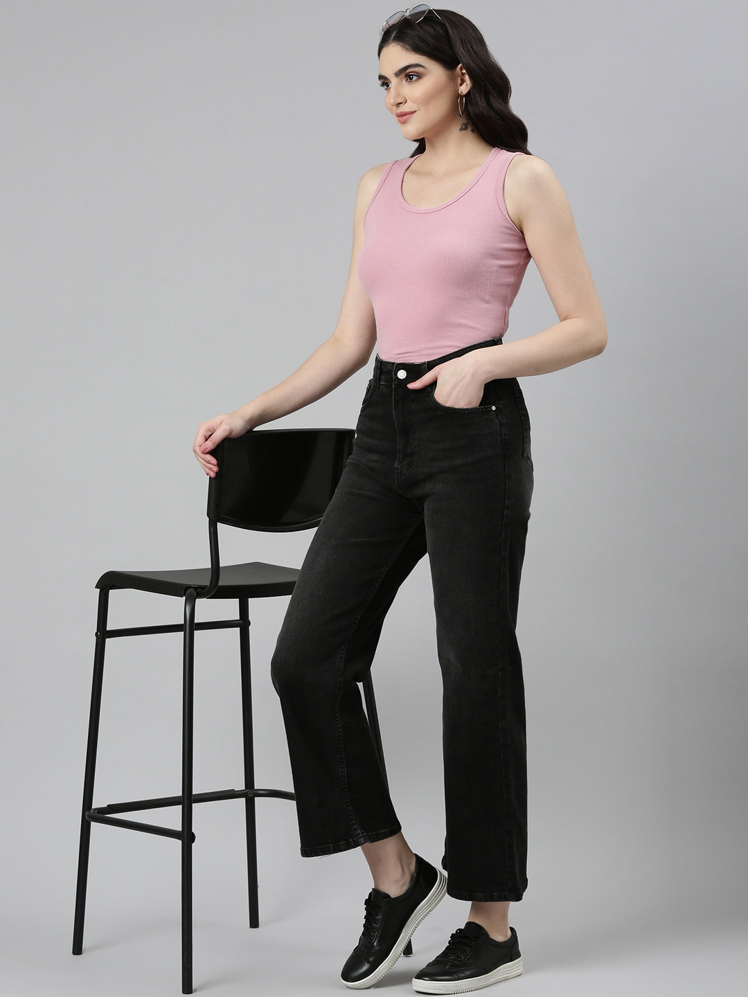 Women Charcoal Solid Wide Leg Denim Jeans