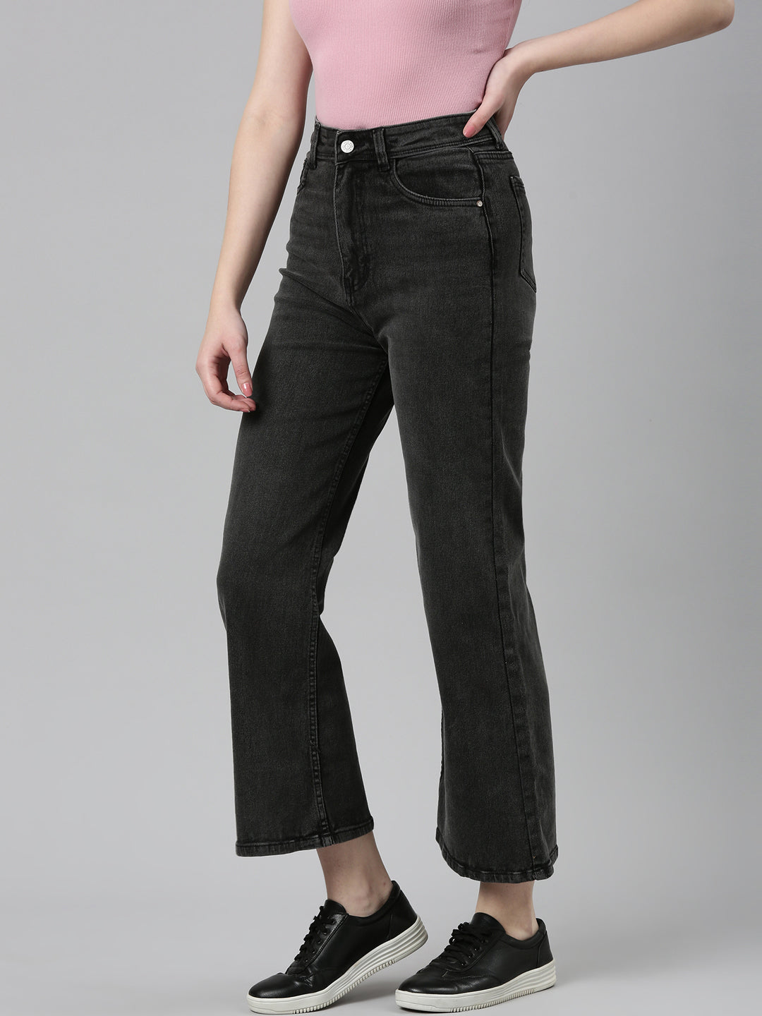 Women Charcoal Solid Wide Leg Denim Jeans